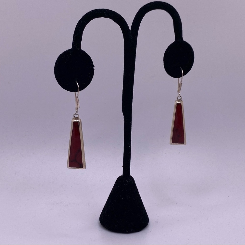 Coral Inlay Solid 959 Silver Dangle Earrings 
Handmade Mexico